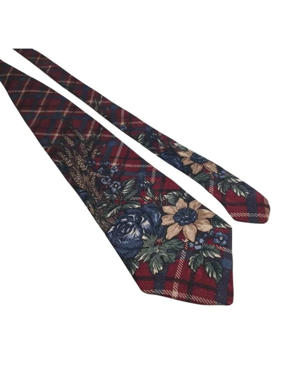 J T Beckett Mens Necktie Red Plaid Floral Motif Polyester Blend Vintage 58 x 3.5